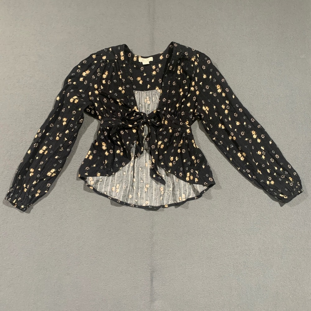 American Eagle Black Floral Tie Front Peplum Blouse Long‎ Sleeve Small Boho Top
